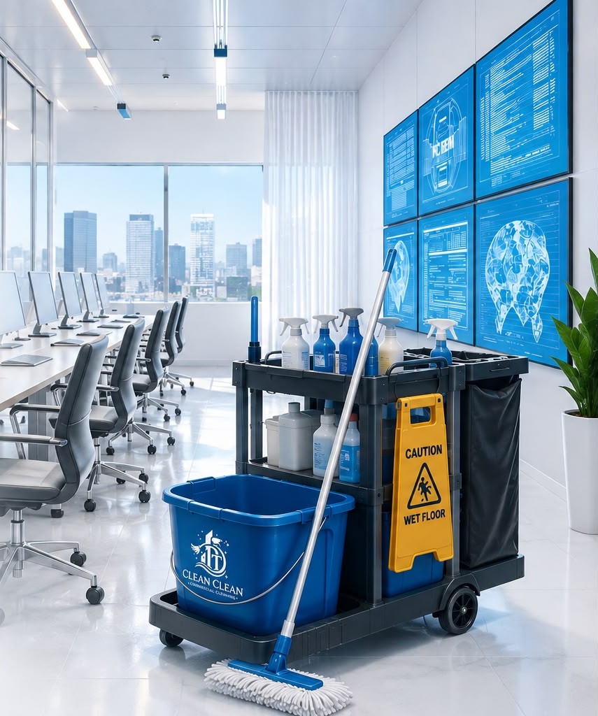 Clean Clean Commercial Cleaning equipment cart in a modern office